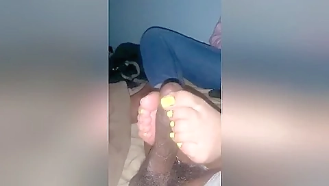 Girlfriend With Yellow Toe Nail Polish Giving Me An Interracial Footjob In The Dark